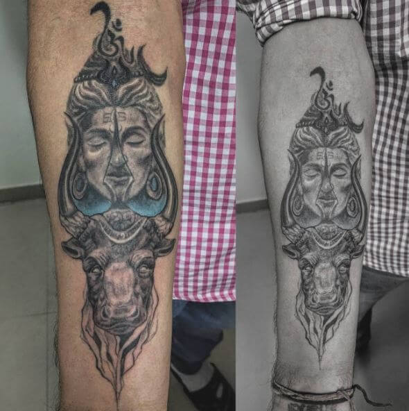 Lord Shiva And Nandi Tattoo Design On Arms