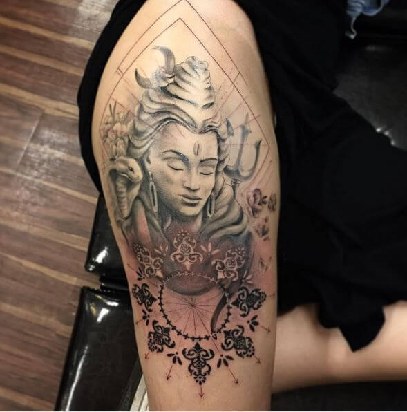 Unique Lord Shiva Tattoo Design On Thigh For Women