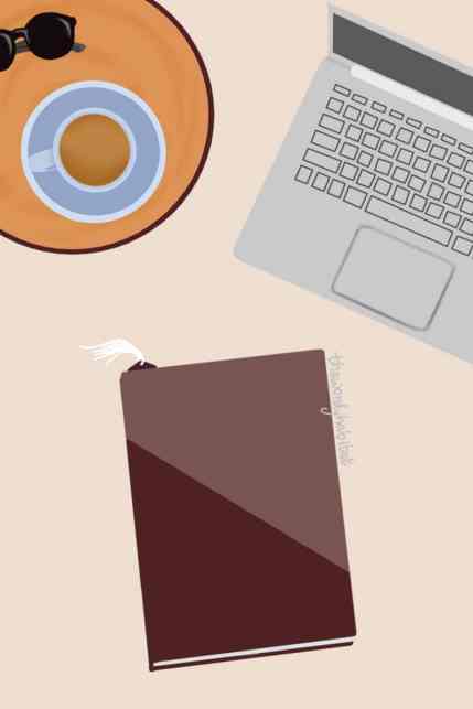 illusttration art of a closed book with a bookmark, an open laptop, a cup of tea and sun