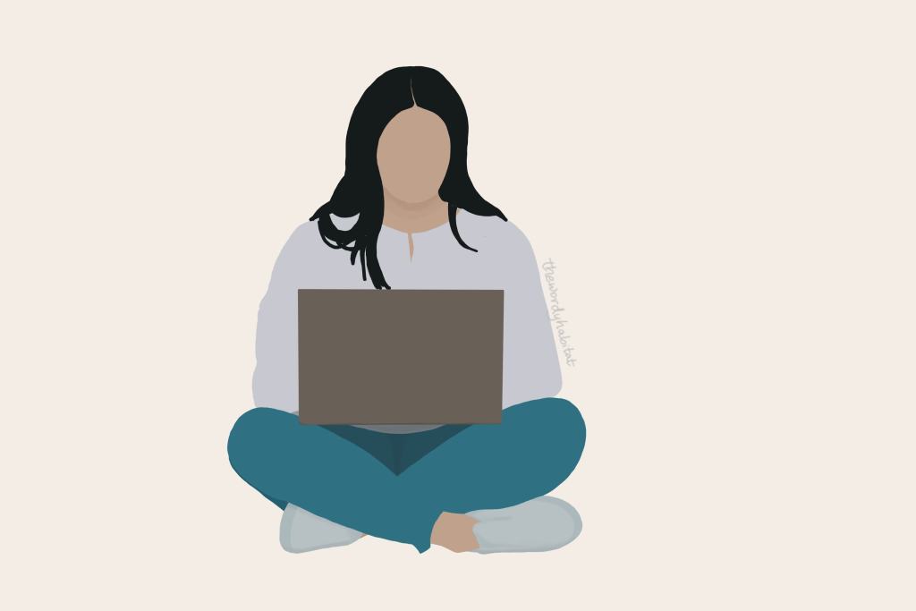 an illustration drawing of a girl using her laptop