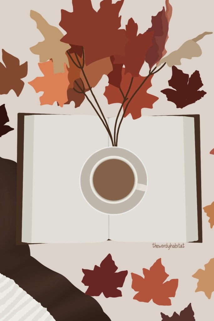 illustration art of an open book, blankets at the corner, cup with tea on the book and autumn leaves scattered around.
