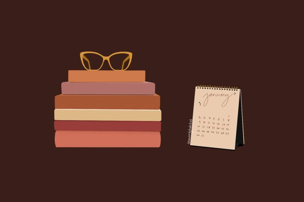 illustration art of a book stack with a pair of spectacles on it and a desk calendar next to it with January dates
