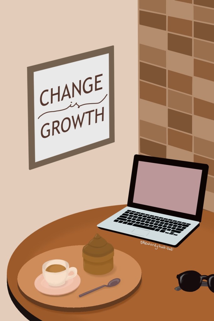 a cafe table with an open laptop and snacks. a wall print says "change is growth"