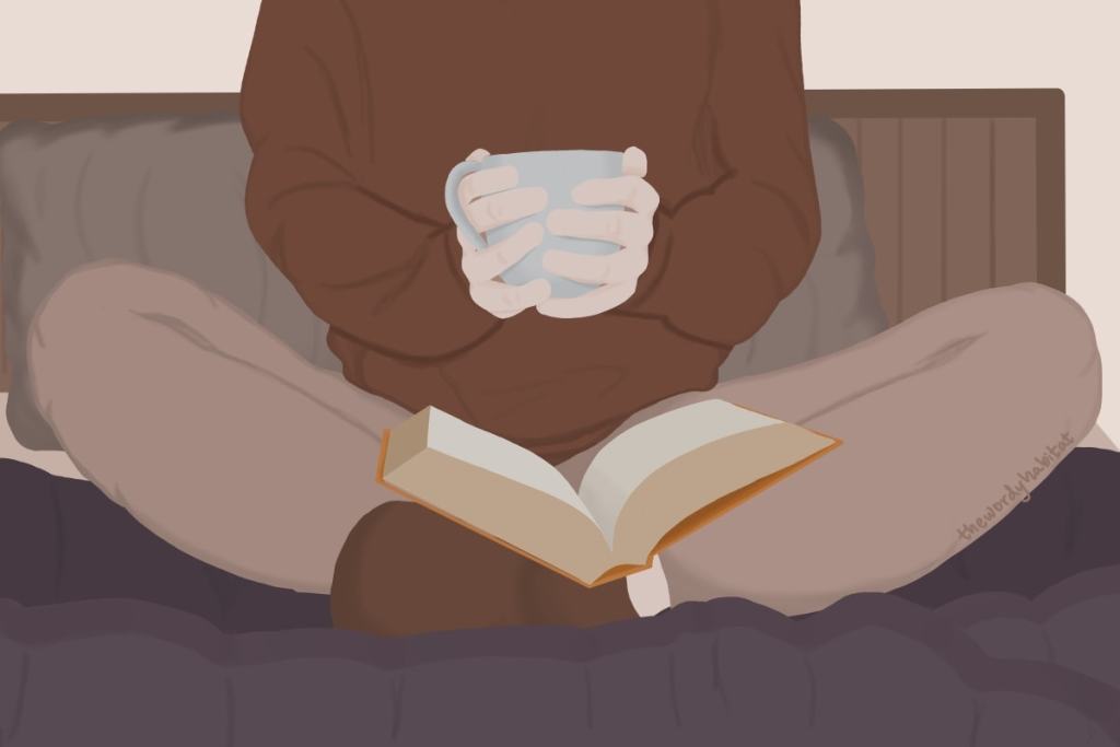 illustration art of a person sitting cross-legged on bed, with a book on their lap, holding a mug.