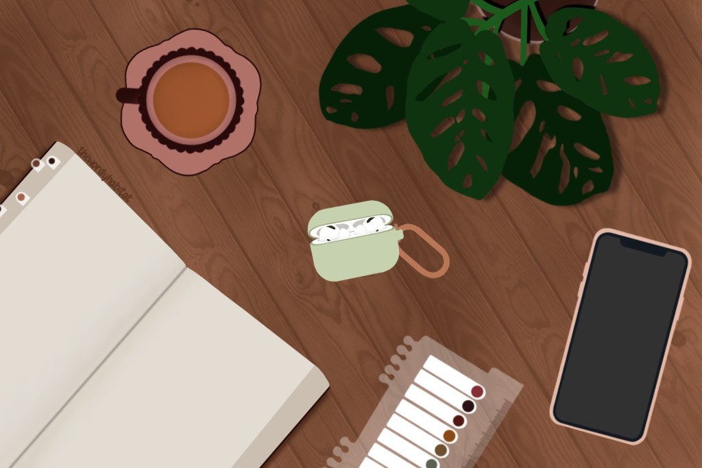 flatlay illustration of a wooden table with a potted plant, open book, sticky tabs, a phone, coffee, and airpods on it.