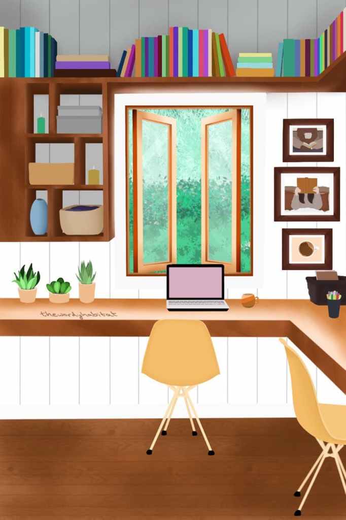 illustration of a home office with an L shaped table along the walls, two chairs, a hanging shelf with items and an overhead shelf lines up with books. The window of the room is open and shows greenery outside. On the table, there is an open laptop, mug, some plants, a pen holder and a basket with books.