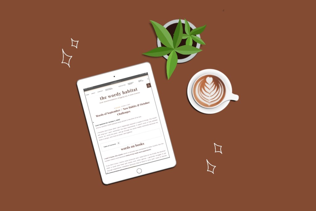 illustration of an ipad opened to one of the wordy habitat's posts with a coffee, and a small plant next to it.