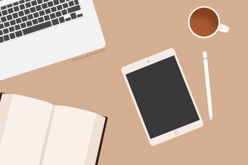illustration art of an ipad, ipad pencil, open book, an open laptop, and a mug of chai