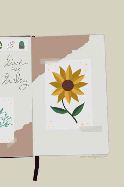 an illustration of a bullet journal with a sunflower drawing, and scrap paper and quote saying "live for today"