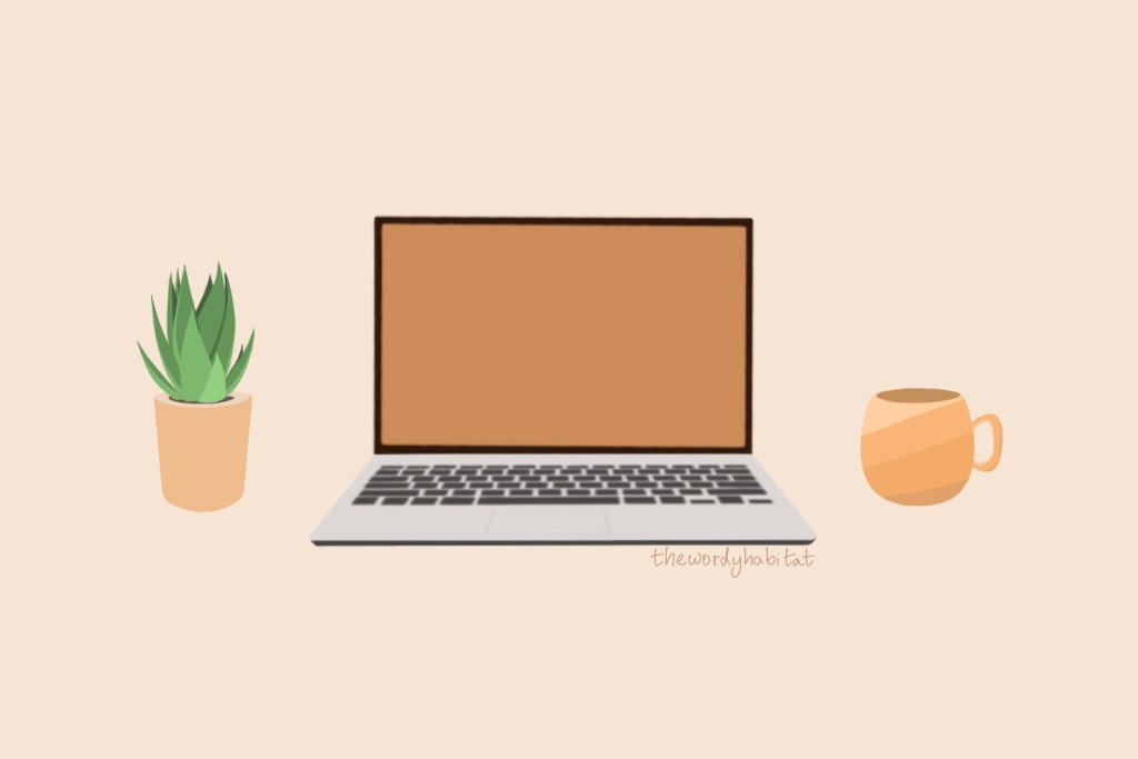 illustration art of laptop, mug and a plant