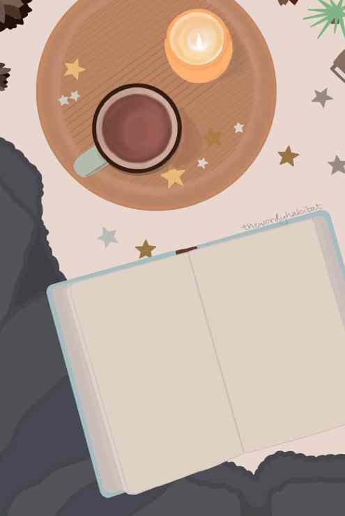 drawing of an open book on a blanket. there's a small wooden place with a mug of coffee and candle nearby with small stars littered around.