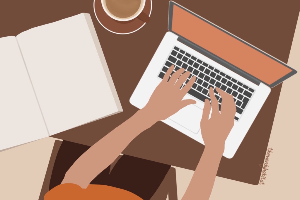 illustration of a person blogging in a cafe with an open book next to them and a cup of coffee