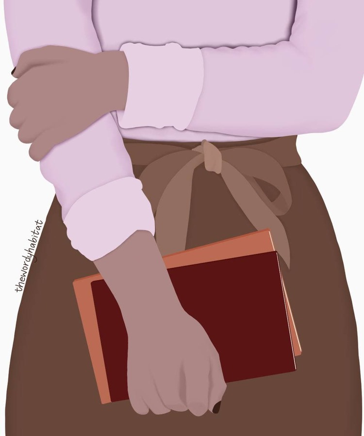 an illustration of a person holding a couple books with one hand folded over the other