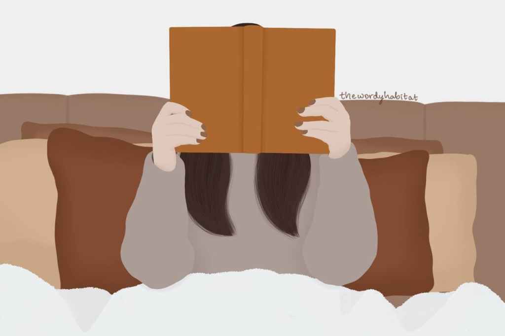 illustration art of a person holding up a book and reading in bed