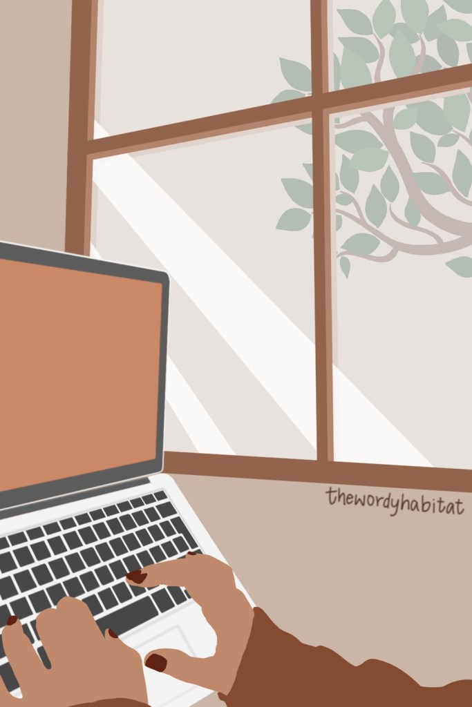 illustration of a person in a sweater typing on a laptop by the window which shows a tree