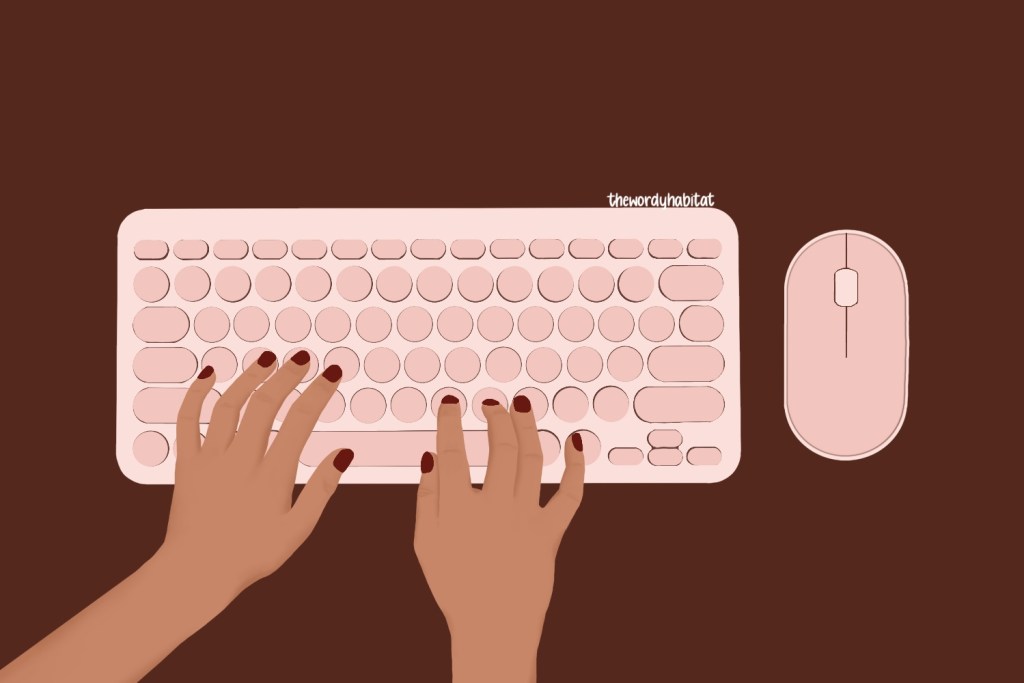 illustration of a person typing on a pink keyboard with a pink mouse kept next to the keyboard