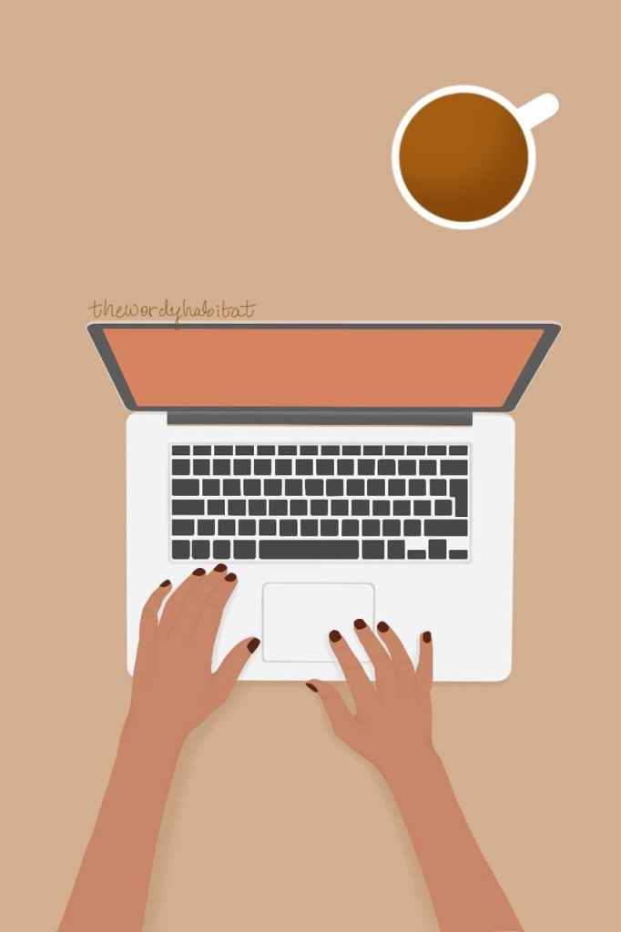 illustration art of a person using a laptop with a cup of coffee next to them