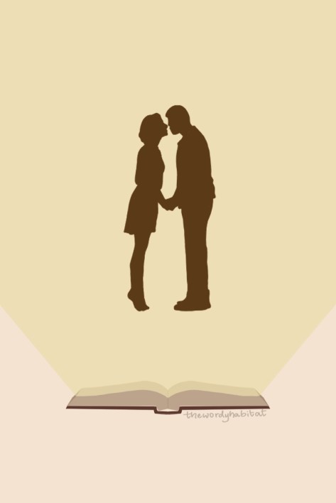 romance book illustration art. a book is open and a light is beaming out of the open pages, highlighting silhouette of a couple about to kiss