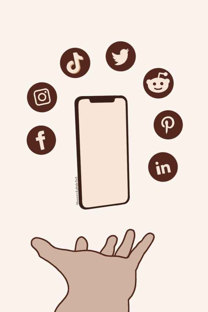 outstretched hand below a phone mid-air which is surrounded by social media icons.